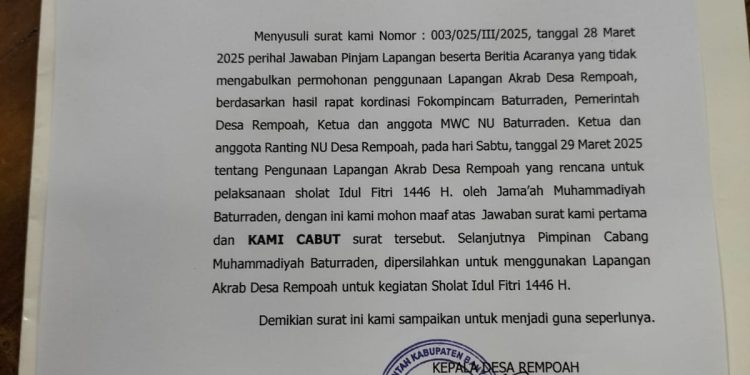 Surat Larangan Dicabut Kades Rempoah, PCM Baturraden Bisa Adakan Shalat Idul Fitri